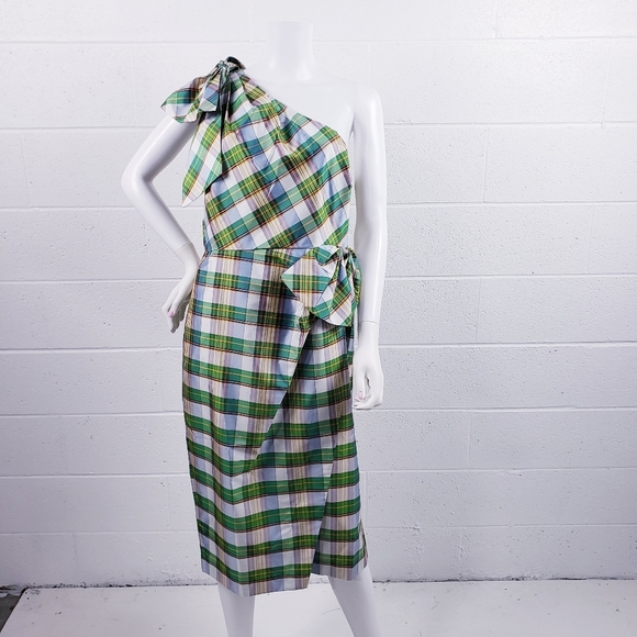 J Crew One Shoulder Sheath Dress Bow Faux Wrap Green Plaid Silk Blend Size 14 - Picture 2 of 11